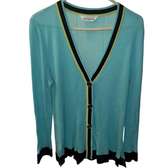 Exclusively Misook Women’s Aqua, Black, Lime Green Ribbed Knit Cardigan Size S - Picture 1 of 3